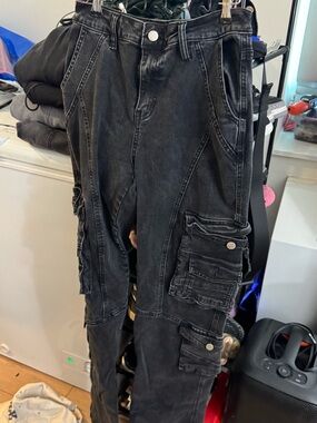 Black Washed Cargo Pants with Multi Pockets